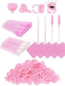 400pcs One-Time Use Eye Makeup Tools Set, Including Eyelash Brush, Lip Brush, Ring Cup, Glue Cup, Essential Tools For Makeup Artists - Pink - View 1