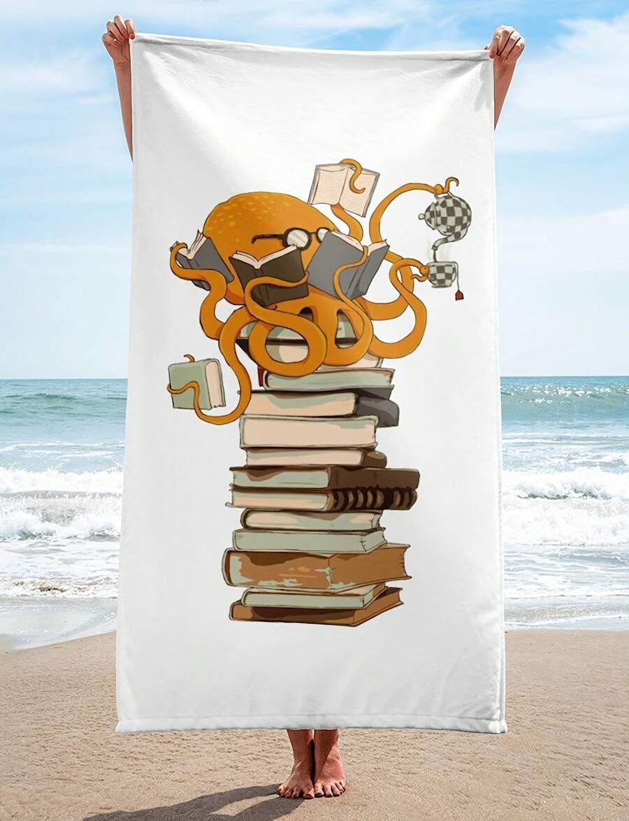 Octopus Reading Books Beach Towel, Cartoon Art DesignUnique Basketball Team Designs, Fun Patterns, Suitable For Wo, Pool , And Showers. 3g Beach Towel, Uni. High-Quality Absorbent Fabric, Suitable For All Seasons, Soft To The Touch, Durable. Quick-Drying, An Essential Item For Summer Beaches, Pools, And Sand Baths. H56, A Vacation Must-Have. - Image Color - View 1
