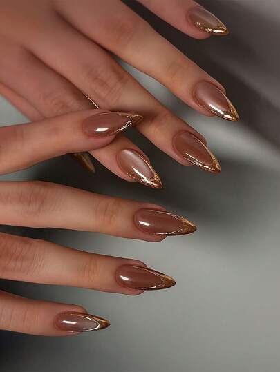 24pcs Vintage Casual Elegant Cat Eye 3D Gold Asymmetrical French Embossed Medium Almond Fake Nails Set, Suitable For Elegant Women For Daily Life And Shopping