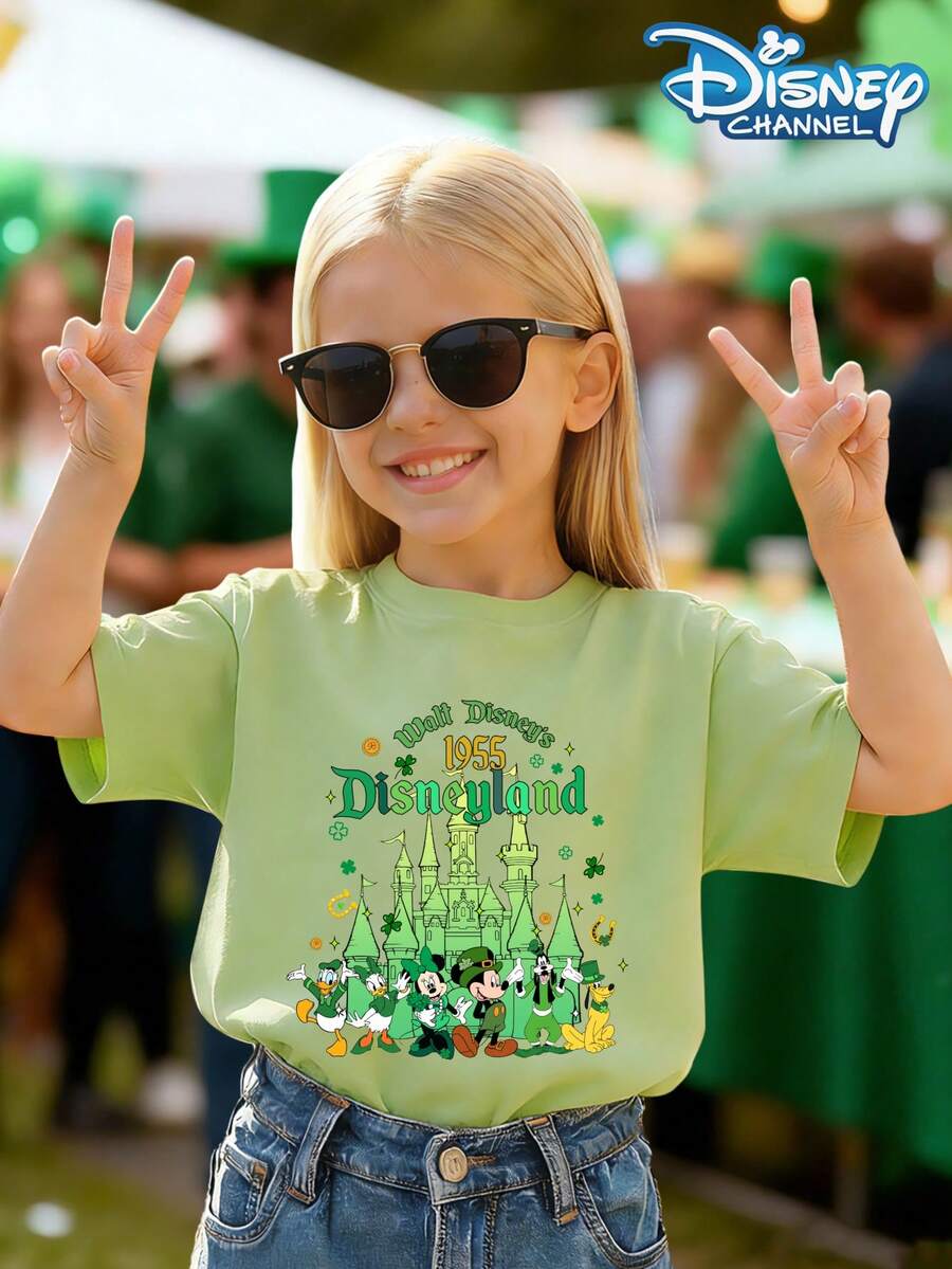 Disney T-Shirt Saint Patrick's Day T-Shirt Top Disneyland 1955 Castle Mickey Donald Duck Flying High Pattern Printed Cartoon Style Spring Daily Leisure Travel Wear Green T-Shirt Top - 綠色 - 查看 1