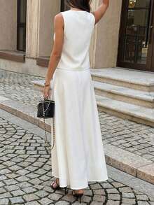 Unadoll Women's Summer Buttoned Blouse And High Slit Skirt Set, Gentle And Elegant Style, Suitable For Dates, Valentine's Day, Outings, Birthdays, Vacations And Birthday Outfits - White - View 2