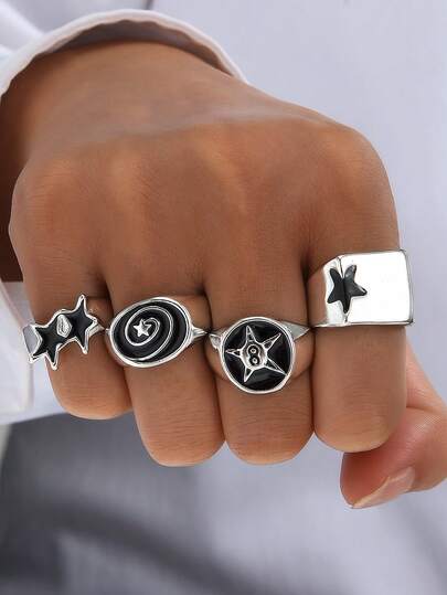 4 قطع مجموعة خواتم نجمية بطراز بانك فينتاج، خواتم بسيطة عصرية للرجال والأزواج، هدايا، مناسبة للعطلات والمواعيد والمناسبات العادية والحفلات والزفاف
