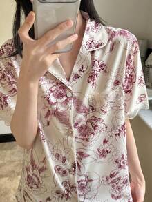 Bộ đồ ngủ nữ 2 món cổ ren - Áo tay ngắn và quần short phối ren đen trắng, thích hợp cho mùa xuân/hè. - Màu Đỏ Sâu - Xem 6