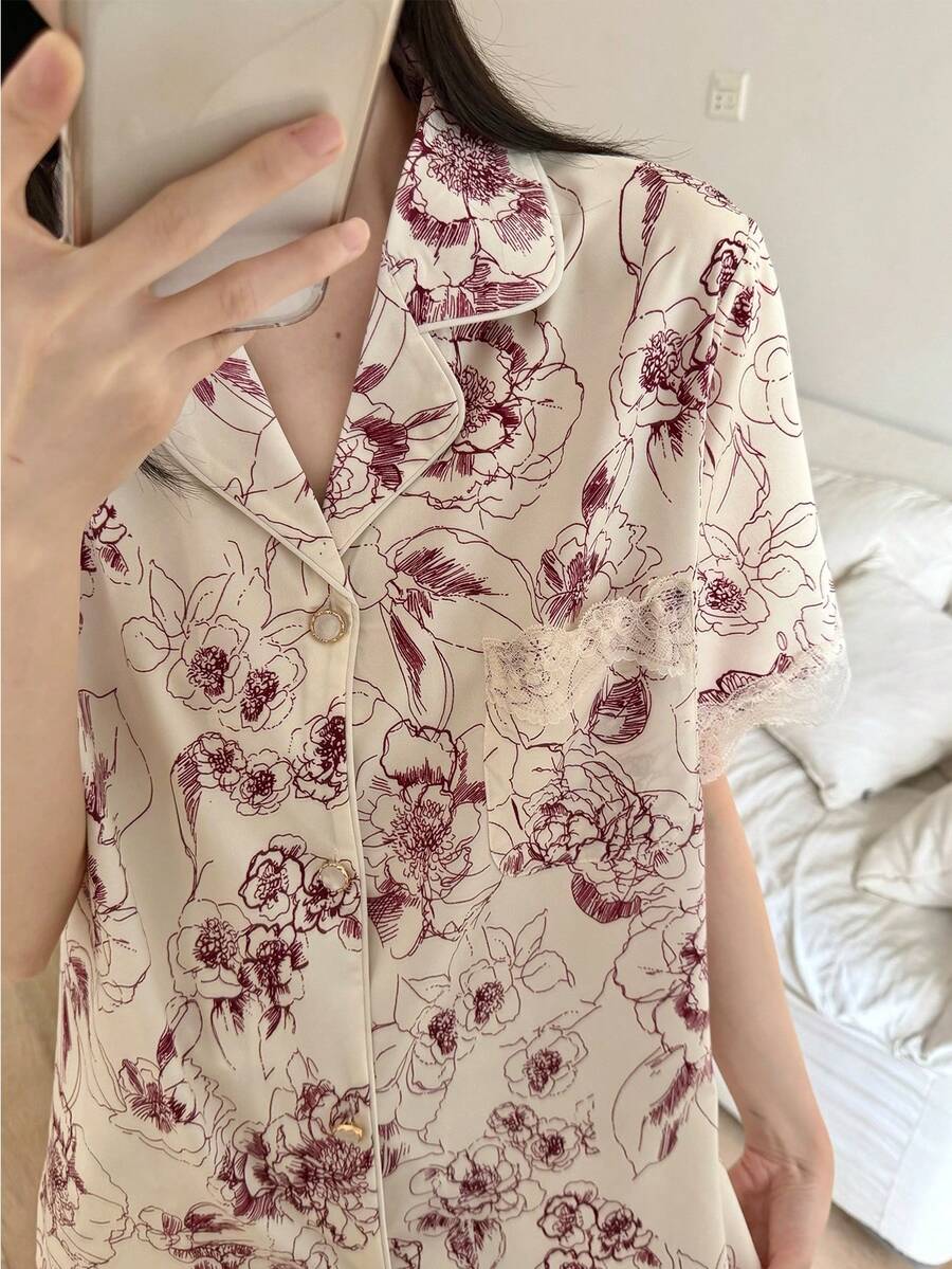 2pcs Set Women's Collared Short Sleeve Sleepwear, Lace Trim Floral Print Burgundy Pajamas, Suitable For Outerwear - Burgundy - View 1