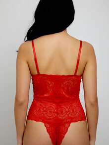 Body Neon Renda Sexy Luxo Uso Dia A Dia BRYRN024 Renda Peça em V - Vermelho - Visão 4