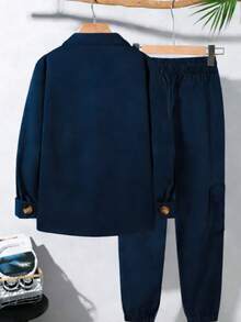 Chaqueta utilitaria y pantalón cargo de hombre de estilo vintage estadounidense de otoño, conjunto resistente - Azul Marino - Ver 2