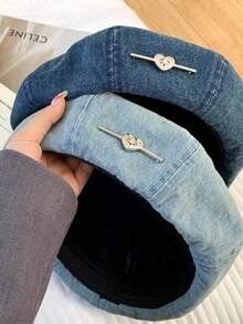 1pc Retro Denim Blue Heart-Shaped Beret Hat For Women, Metal Heart Decor Artist Cap, Versatile Spring/Autumn Hat, Adjustable Lining Fits Different Head Sizes School - Beret - View 5