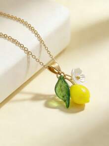 1pc Refreshing & Cute Resin Lemon Flower Pendant Necklace, Sweet Jewelry Gift For Women's Daily Wear - Yellow - View 3