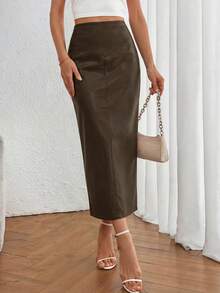 PRETTYGARDEN Women's New Fall Faux Leather Maxi Skirt, High Waist, Elegant Casual Pencil Maxi Skirt Slit Design New Years Valentine Vacation Skirt - 咖啡 - 查看 3