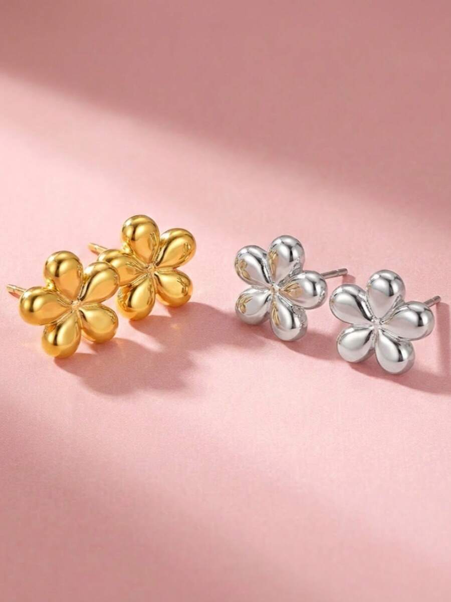 2 pezzi/4 pezzi/Set di orecchini a forma di fiore a cinque petali, alla moda, semplici ed eleganti, accessori per gioielli, decorazione per feste, regalo per vacanze - Multicolore - Visualizzare 1