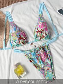 2件套新款软杯可调节肩带印花系带大码优雅派对比基尼泳装，夏季沙滩时尚泳装，女士度假必备 - 彩色 - 查看 3