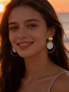 imoli 1對女士時尚白色圓形吊式耳環日常裝飾通勤 - 白色 - 查看 3