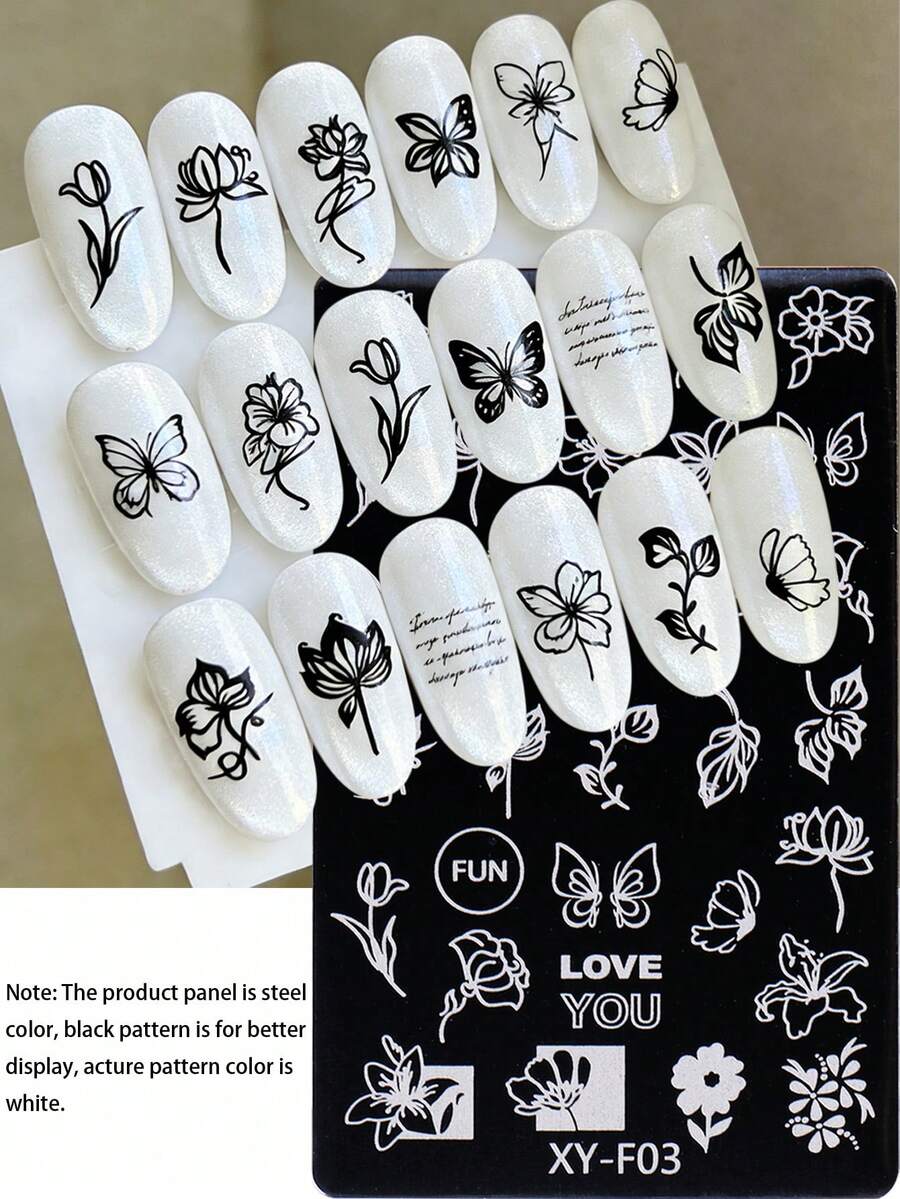 1pc Flower Nail Stamping Plate Tulip Spring Summer Flower Butterfly Image Steel Plate Y2K Nail Template DIY Printing Stencil Manicure Accessory Tool - Silver - View 1