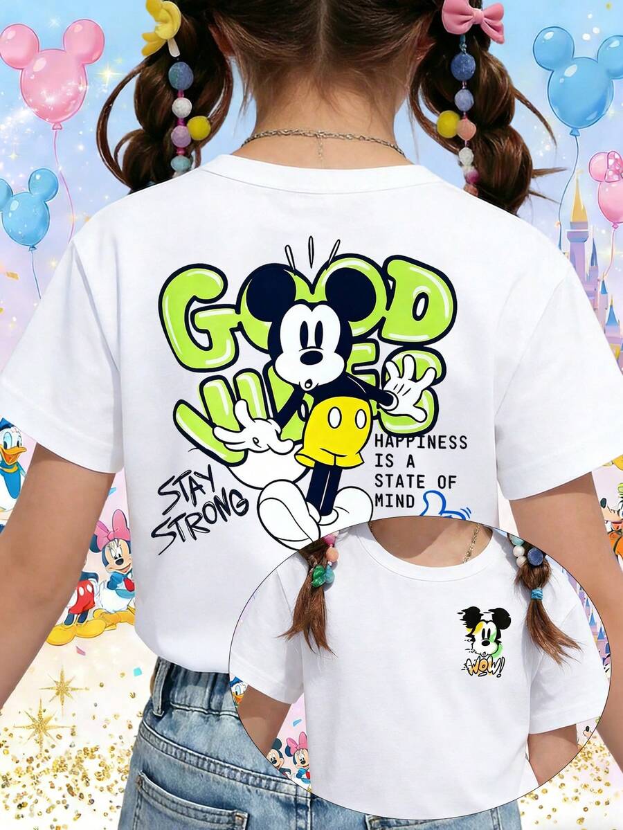 Disney Mickey Mouse Good Vibes Stay Strong Neon Quotes Printed Pattern T-Shirts For Girls - Children's Clothing Design Short-Sleeved Casual And Cute Style Comfortable And Casual Wear All Year Round Suitable For Parties And Play Machine Washable Gift Children's Clothing Girls' Short-Sleeved Shirts - trắng - Xem 1
