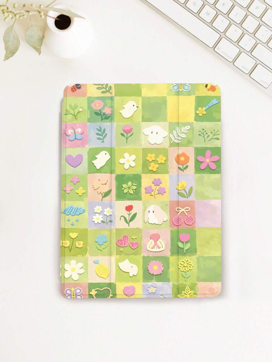 1pc Cartoon Green Meadow, Rabbit, Flower Pattern Tablet Protective Case, Compatible With 10.2 Inch 2021/2020 10th/9th/8th Gen, (A16) 11 Inch 11th Generation 2025, Compatible With Samsung Galaxy Tab A8 10.5 Inch 2022, / Tablet Protective Cover With Pencil Slot, Support Auto Sleep/Wake - Multicolor - View 1