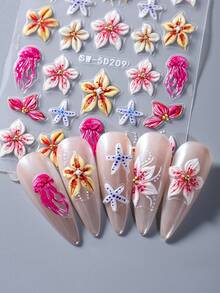 2pcs/Set Summer Ocean Style 5D Embossed Hibiscus Stickers, Shell & Jellyfish Pattern Self-Adhesive Nail Art Decorations, Women Manicure Supplies - Multicolor - View 6