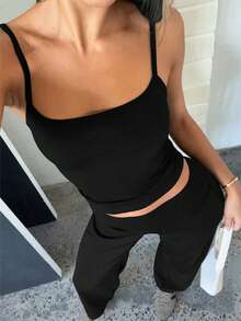 Women's Summer Two Pieces Black Simple Casual Hottie Suspender Top And Wide Leg Pantsuit Is Suitable For Daily Commuting - Black - View 1