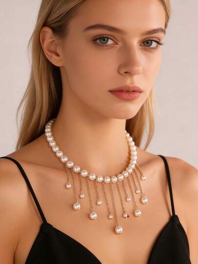 1ชิ้น สร้อยคอจี้พู่มุกเทียมแฟชั่นและสง่างาม เหมาะสำหรับเครื่องประดับประจำวัน ออกเดท ปาร์ตี้ของผู้หญิง