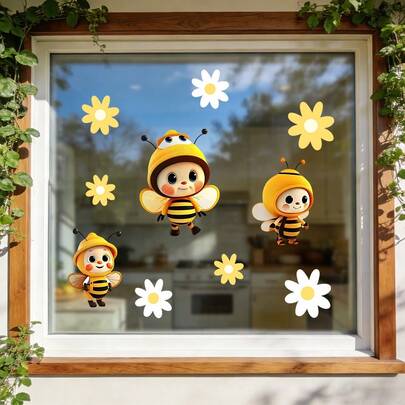 1pc Electrostatic Adsorption Window Cling. Removable Waterproof PVC. Cute Honey Wearing Hat With Chrysanthemum Pattern. Suitable For Bedroom And Home DIY Decoration.