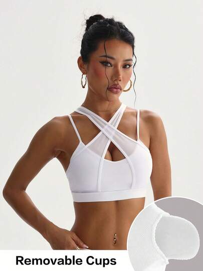 Women's Fashionable Solid Color Removable Padded Mesh Patchwork Sports Knit Bra