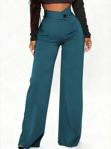 大码女式纯色休闲优雅直筒裤，适合日常穿着、办公室通勤、约会、度假、派对等场合。 - 水鴨藍 - 查看 10