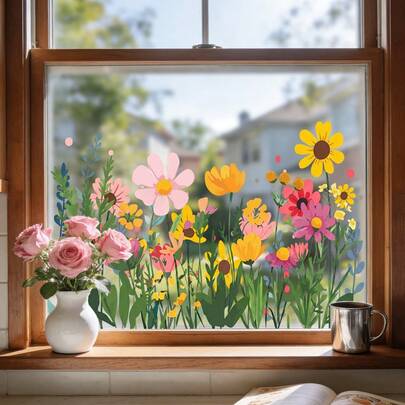 1/3 piezas Pegatinas estáticas removibles y impermeables de PVC con patrón de crisantemo pastoral, adecuadas para decoración del hogar en dormitorio y fiestas de primavera