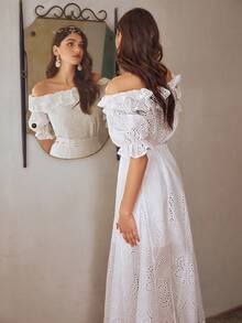 Simplee 女士夏季新款法式优雅白色镂空刺绣长裙两件套，露肩泡泡袖荷叶边设计，适合婚礼宾客、下午茶、花园派对、夏季度假等场合。 - 白色 - 查看 3