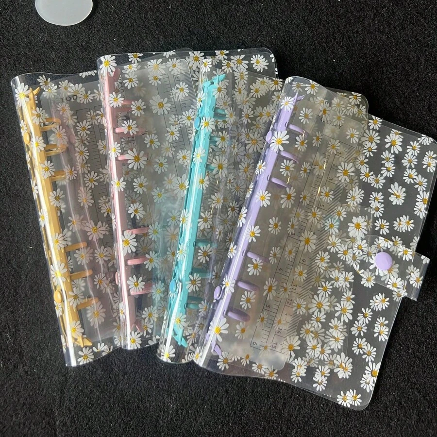 1个A6可爱雏菊印花透明迷你活页夹，不含纸张，6孔PVC活页夹带扣，适合日记和照片收藏 - 彩色 - 查看 1