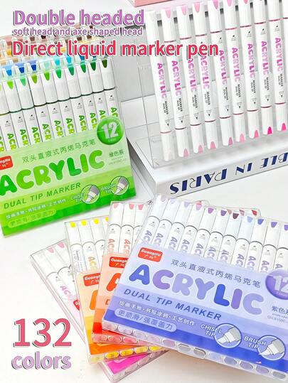 1pc GuangNa 12-Color Dual-Tip Acrylic Marker Pens, Soft And Hard Nibs, No-Pressure, Blendable, DIY Graffiti Art Supplies, With Automatic Ink Control System, Suitable For Large Area Coloring, Rock Painting, Ceramics, Wood, Plastic, Calligraphy, Scrapbooking, Card Making, DIY Crafts