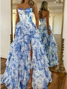 High Sense Spring And Summer Off-The-Shoulder Fashion Chiffon Printing Fairy Long Temperament Evening Dress Dress - 藍色 - 查看 2