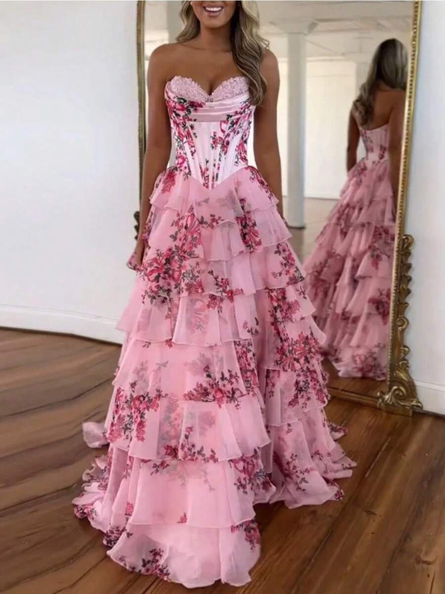 High Sense Spring And Summer Off-The-Shoulder Fashion Chiffon Printing Fairy Long Temperament Evening Dress Dress - 粉紅色 - 查看 1