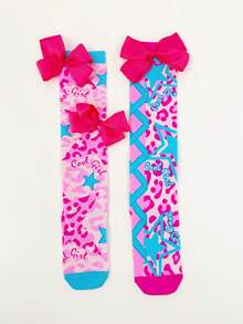 1 Pair Kids Over-The-Knee Socks, Leopard Print Bow Decor 3D Bow Design, Fun Crazy Style, Kids Socks Funny Socks Crazy Socks All Season, Suitable For Crazy Day Gifts, Parties, Valentine's Day, Wedding Season, Easter, Holidays, Outdoor And Daily Wear - Baby Pink - View 7