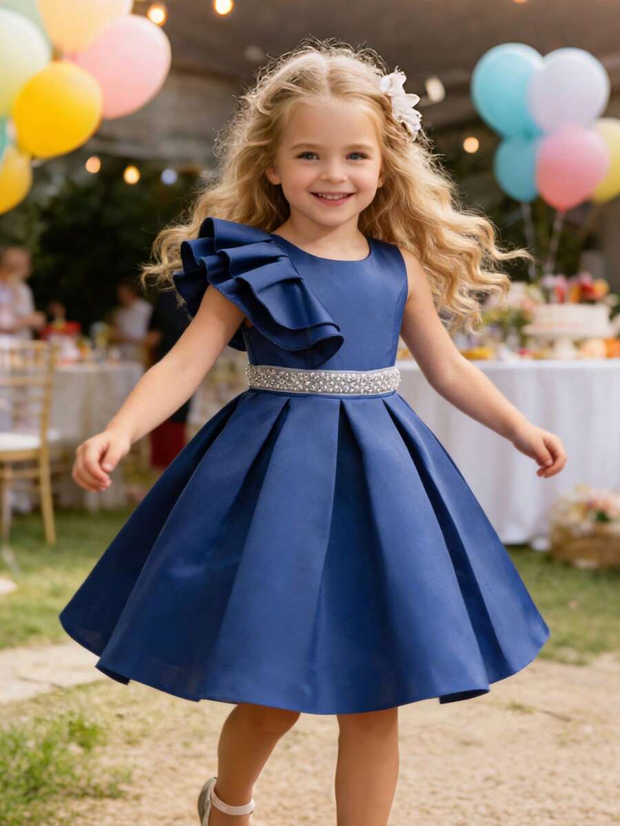 EHOMKIDS Vestido formal de satén sólido para niña, con cinturón de cintura de perlas, dobladillo con volantes, adecuado para bodas / fiestas, de longitud media a larga, para niños pequeños y grandes