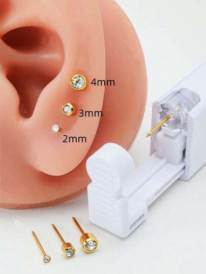1pc/3pcs/Set Medical Grade Sterile Ear Piercing Gun, Disposable Low-Pain Ear Cartilage Piercer, Includes 3AAA Classic White Diamond Earrings, Available In 3mm/4mm/5mm Sizes, Ear Beauty Tool & Accessories Suitable For Men And Women