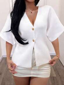 DEEKA Summer Graduation Casual Simple V-Neck Short Sleeve Knitted Sport TOP, European And American Style - White - View 2