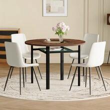 Modern Minimalist Round Table Set (With Integrated Storage Compartment And 4 White PU-Material Armchairs), Round Table With A 100 Cm Diameter In Brown Wood Look, Suitable For Dining Room & Kitchen. - White - View 4