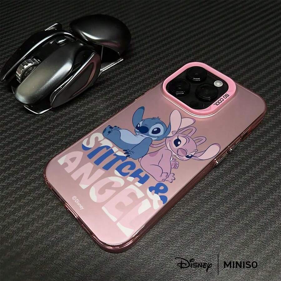 Funda de teléfono Stitch y Angel con diseño de pareja adorable y dulce, compatible con iPhone 17/17 Pro/17 Pro Max/17 Air/16/15/14/13/12/11/X Series, regalo ideal para la novia - Rosa - Ver 1