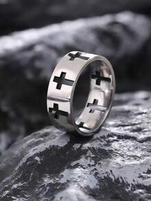 Anel masculino moderno e popular com recorte em cruz, feito em aço inoxidável, ideal para presentear e para um visual estiloso. - Multicolorido - Ver 9
