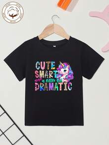 [Unicórnio|Algodão] Camiseta feminina de algodão | Estampa colorida de unicórnios e letras | Confortável e casual, gola redonda, mangas curtas - Preto - Ver 2