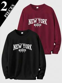 Kit 2 Blusas de Moletom Gola Redonda Confortável Algodão para Frio Inverno Dia a Dia Modelo: New York Famous - Novidade Promoção Especial - Preto/Bordô - Visão 1