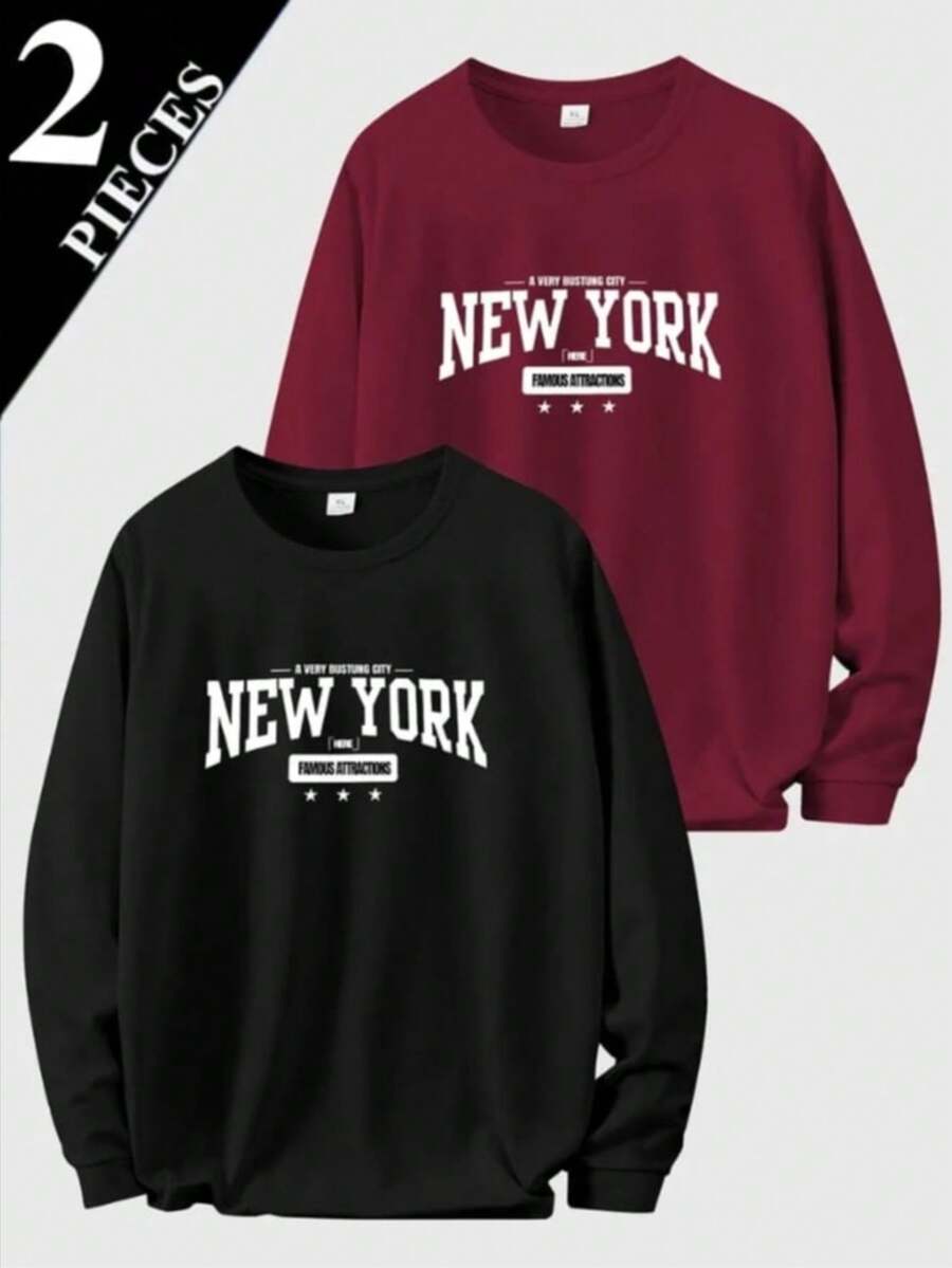 Kit 2 Blusas de Moletom Gola Redonda Confortável Algodão para Frio Inverno Dia a Dia Modelo: New York Famous - Novidade Promoção Especial - Preto/Bordô - Visão 1