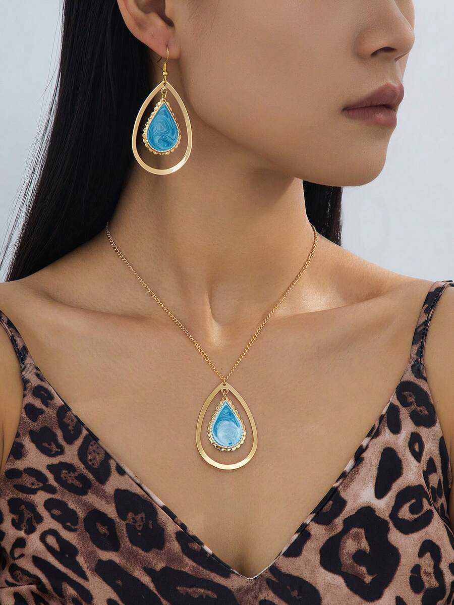 1 Set Luxury Refreshing Blue Teardrop Earrings & Necklace Jewelry Set, Suitable For Daily Wear And Beach Vacation, Elevates Outfit Elegance - Multicolor - View 1