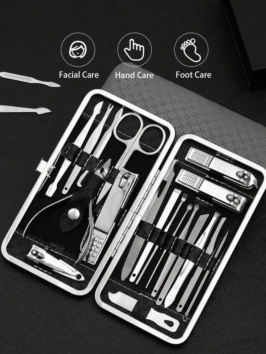 Juego de manicura y pedicura, juego de cortaúñas, kit de herramientas de cuidado de uñas profesional con estuche de viaje de lujo - Negro - Ver 1