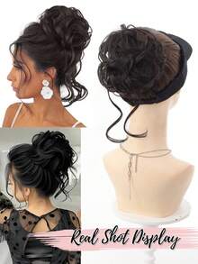 Búi tóc giả kiểu Chignon rối, xoăn tự quấn, hình rồng Ehiskers, băng đô cài tóc, dây chun buộc tóc, phụ kiện tóc giả cho nữ, kẹp tóc màu đen nâu. - Nhiều màu - Xem 8
