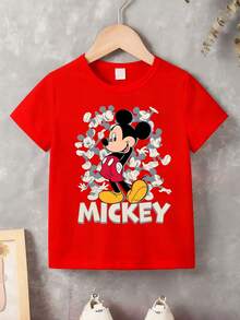 Disney-Classic Mickey Mouse Overprint Children's T-Shirt Red Round Neck Short Sleeve Disney Fun Style Top - Red - View 5