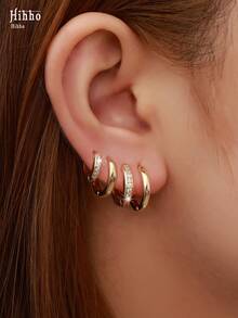 Hihho 8pcs Gold Tone Hoop Earrings With Cubic Zirconia, Minimalist Luxury Style Suitable For Daily Commute, Full Ear Stacking, Work Outfit, Light Social Occasions, Holiday Gifts - Earrings - View 3