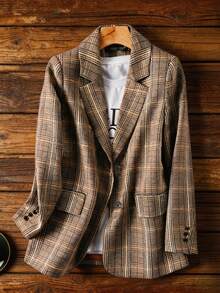 Chaqueta de blazer de lana a cuadros vintage para mujer, con solapa de abotonadura sencilla y manga larga para la oficina y el transporte - Granate - Ver 2