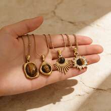 波西米亚风旭日虎眼石项链 | 不锈钢镀金简约日常佩戴首饰，低过敏性，女士个性饰品 - 金色 - 查看 1