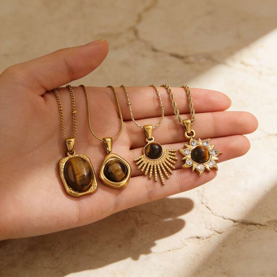 波西米亚风旭日虎眼石项链 | 不锈钢镀金简约日常佩戴首饰，低过敏性，女士个性饰品 - 金色 - 查看 1