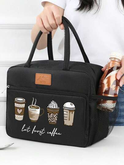 Insulated Lunch Bag With Zipper, Printed With "Four Cups Of Coffee" Pattern, Comes With Black Cutlery Storage Bag, Double-Layer Zipper Lunch Box Bag, Large Capacity Student Meal Thermal Insulation Cooler Bag, Portable Travel Picnic Bag, Office/School Lunch Thermal Bag, Work Lunch Box, Office Holiday Lunch Box, And Multi-Function Outdoor Camping Student Lunch Box, Suitable For Men And Women